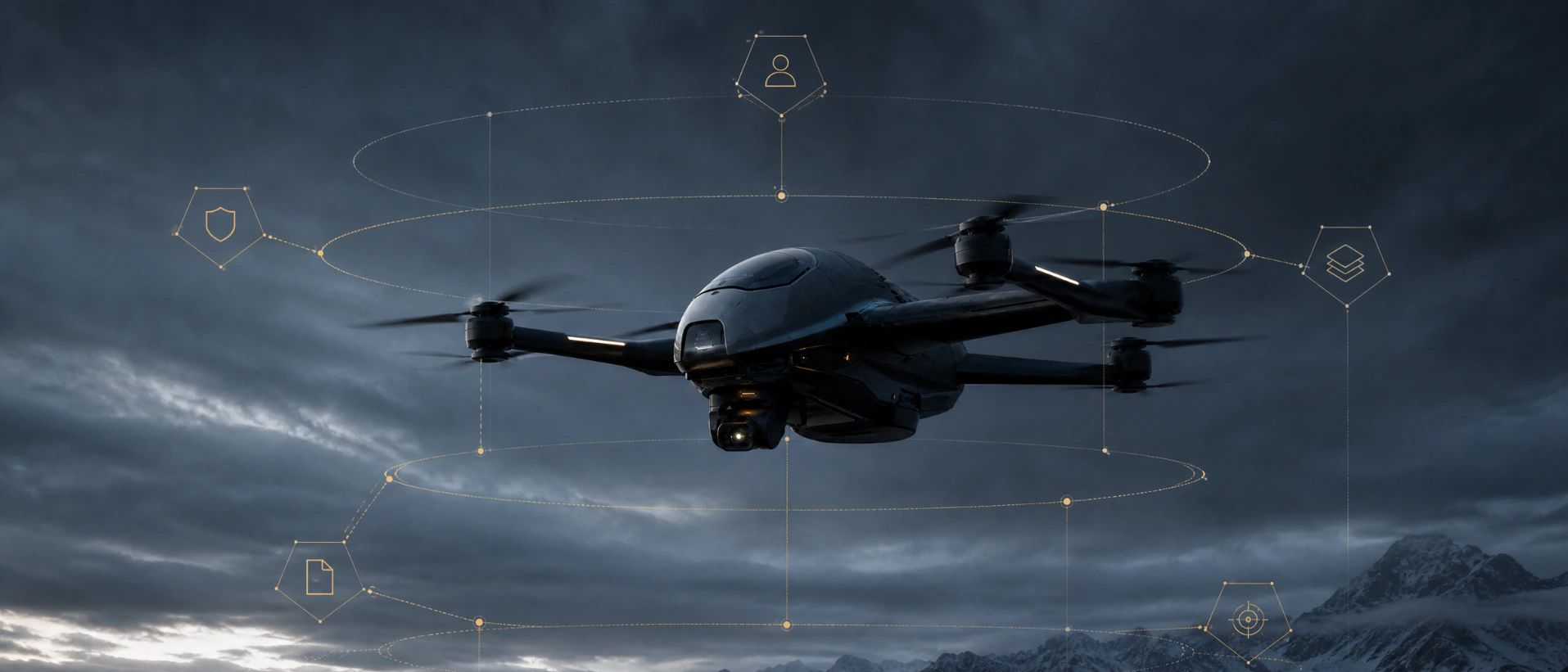 Conceptual autonomous aircraft surrounded by nodes for human authority, assurance, evidence and system context in a bounded C-UAS scenario.