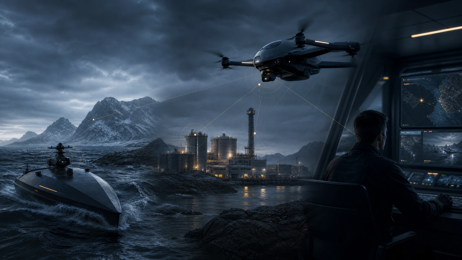 Conceptual illustration of an autonomous aircraft, unmanned surface vessel, critical infrastructure and human operator across potential deployment contexts.