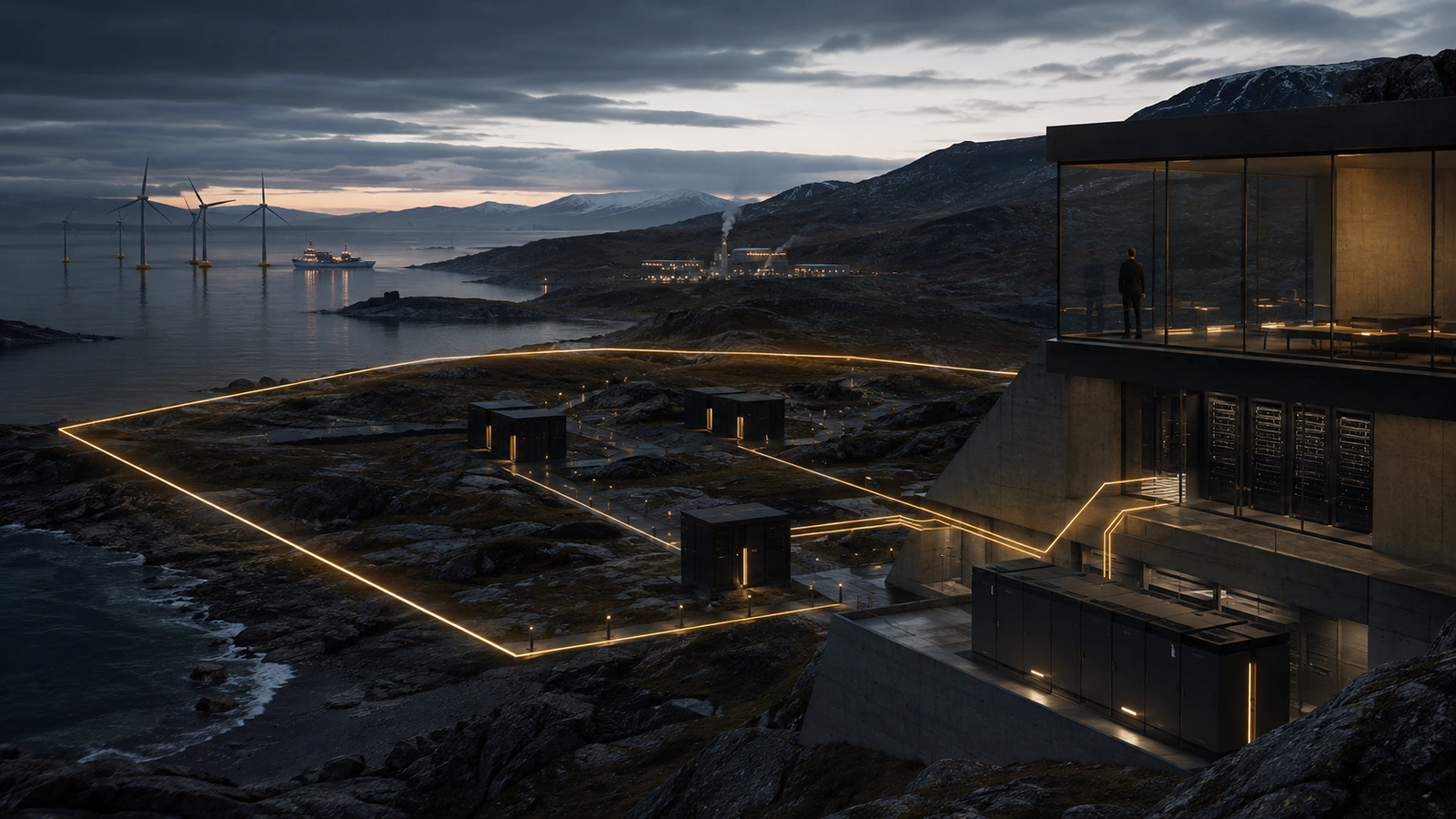 Conceptual Nordic infrastructure landscape with edge-computing nodes linked inside a highlighted control boundary.